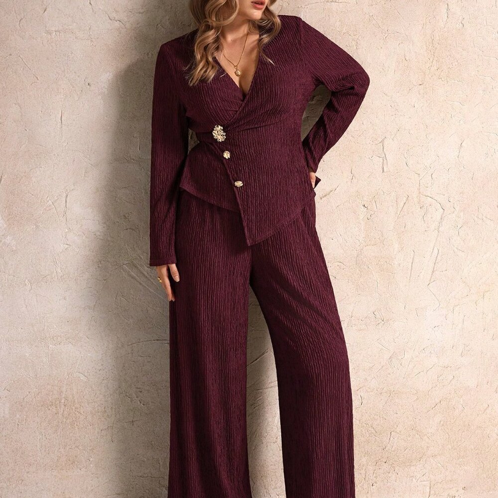 Burgundy Casual Women's Asymmetrical Slit Pants Suit